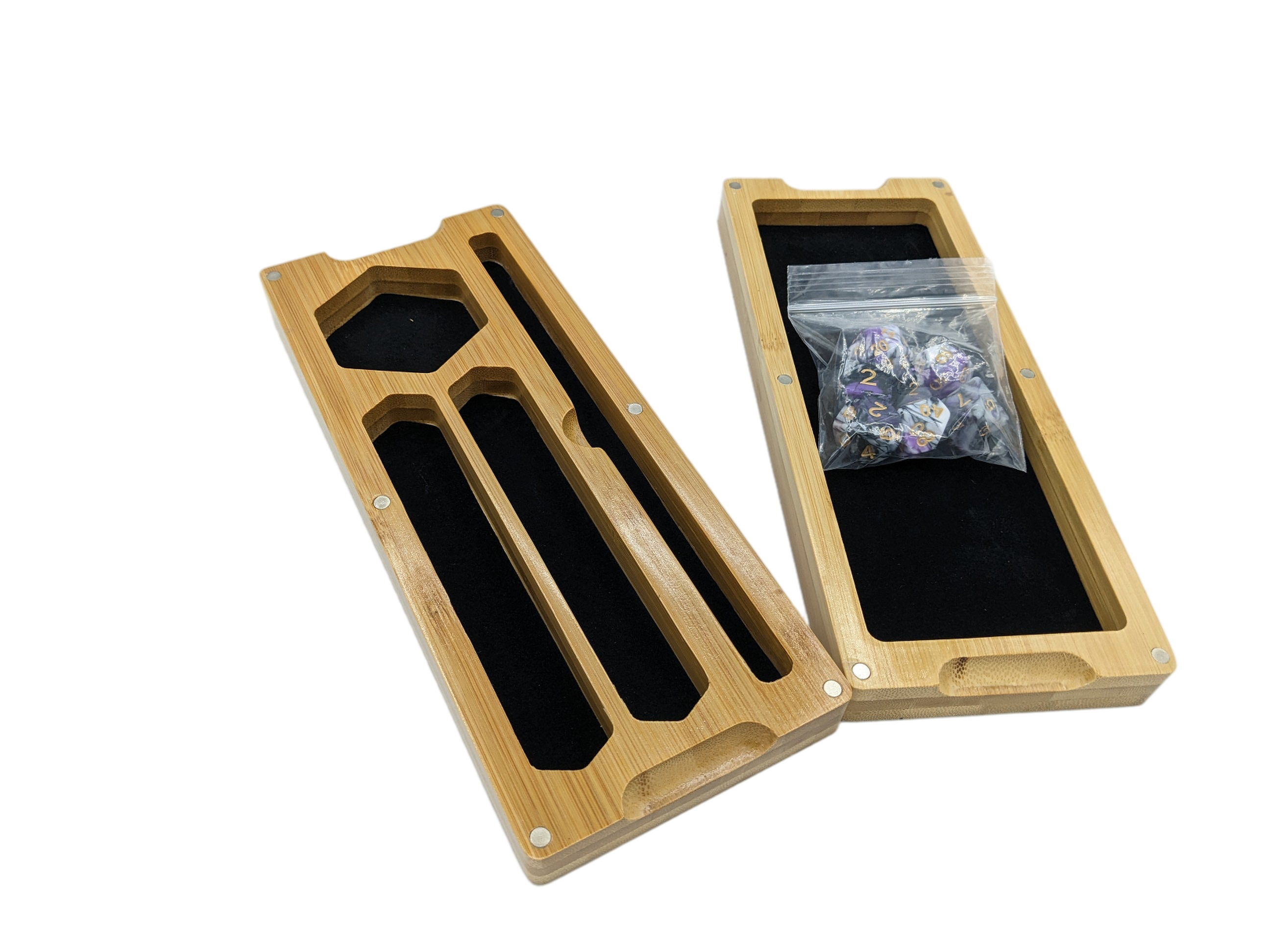 Bamboo Dice Box-Tray with a set of Random colored Acrylic Dice
