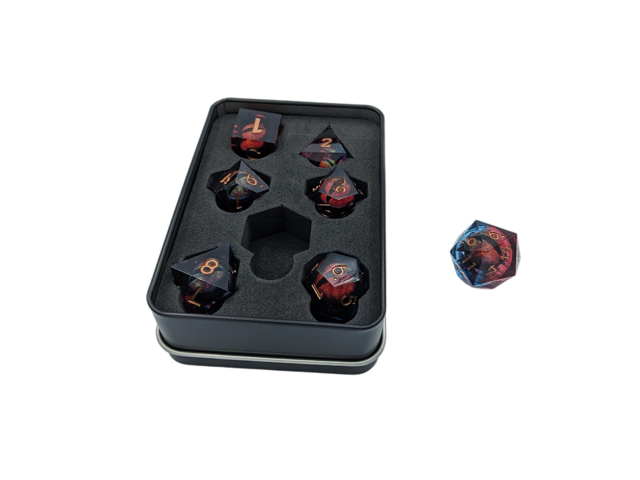Resin Floating Dragon Eye Dice Set with Tin