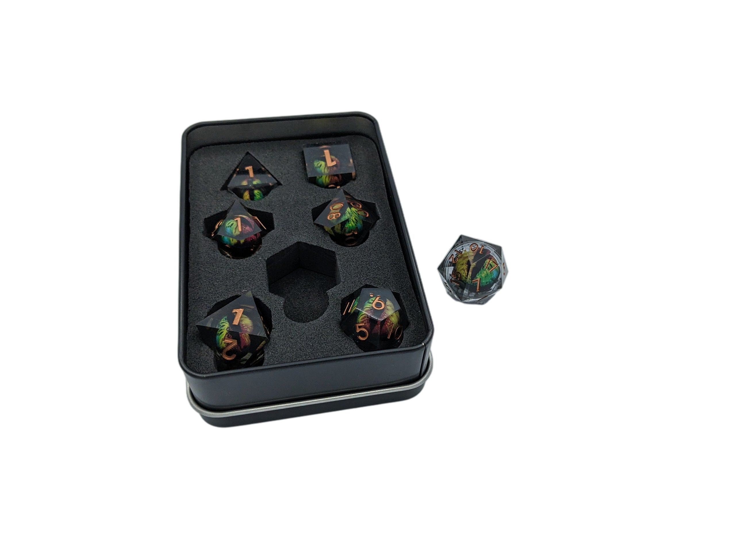 Resin Floating Dragon Eye Dice Set with Tin