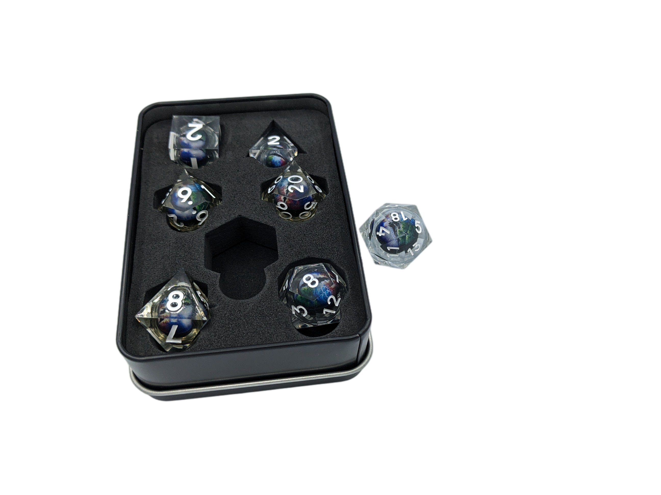 Resin Floating Dragon Eye Dice Set with Tin